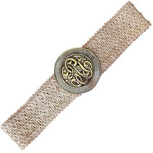 Vintage Beige Woven Belt with Gold Medallion Buckle